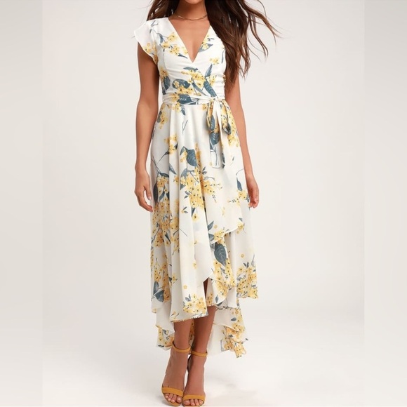 Lulus French Countryside White and Yellow Floral Print High-Low Dress S - Picture 4 of 13
